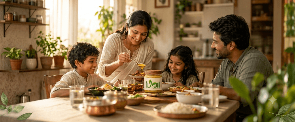 Happy family enjoying wholesome organic meals with Ilai Organics Ghee