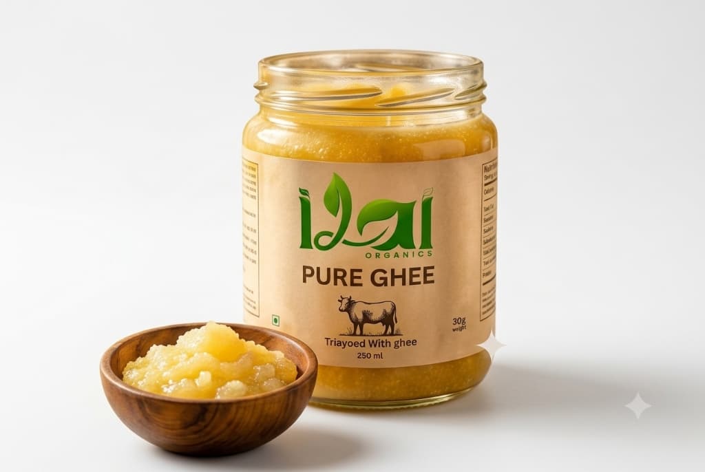 Pure golden granular desi cow ghee jar